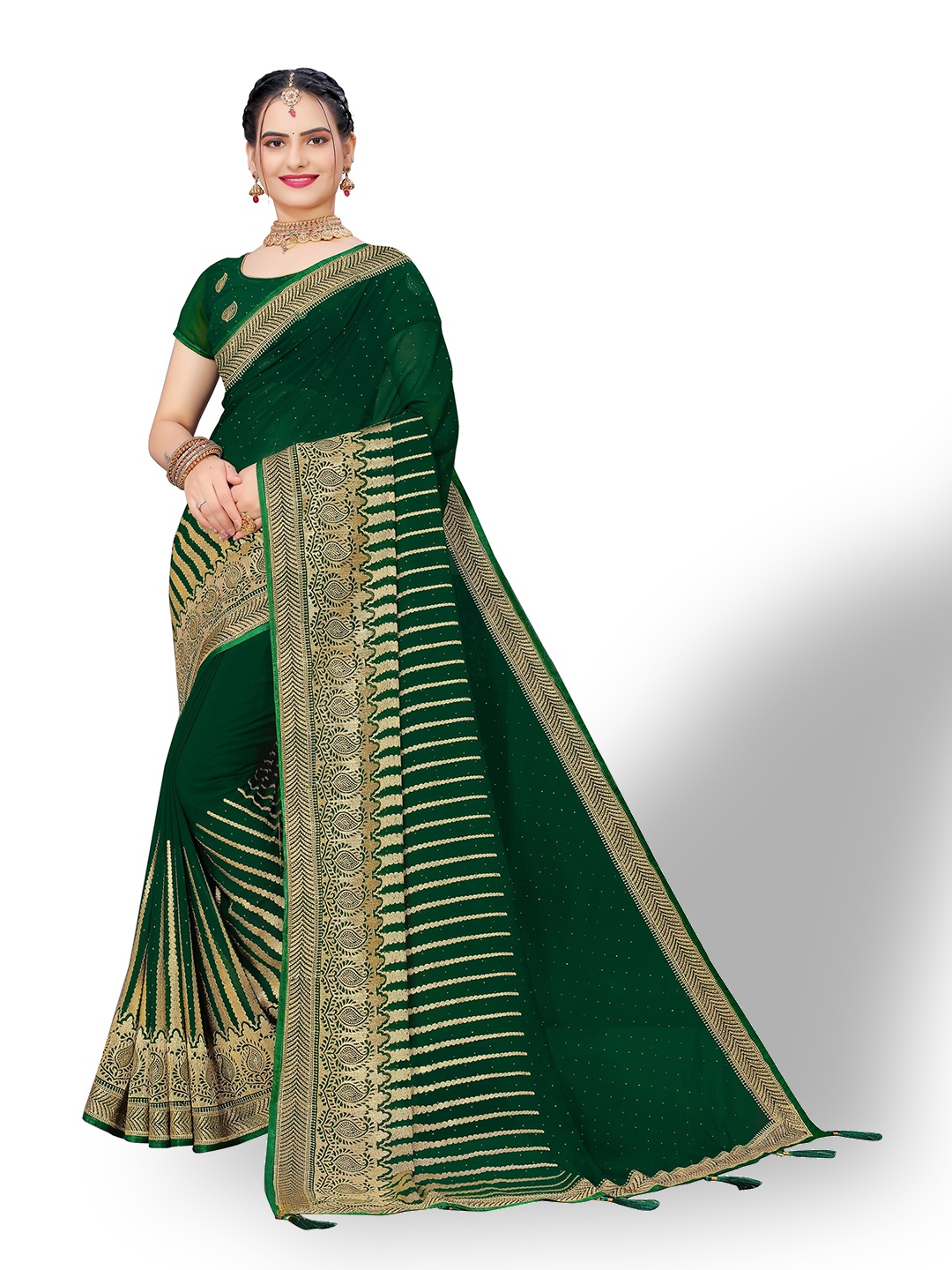

Vaidehi Fashion Woven Design Beads and Stones Pure Georgette Saree, Green