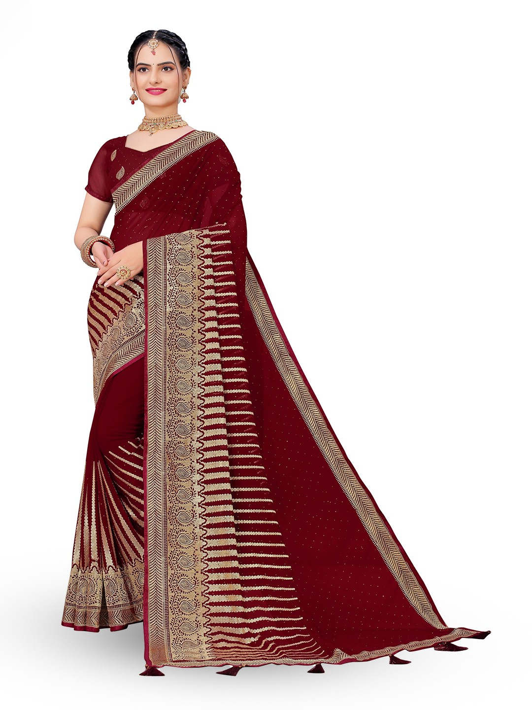 

Vaidehi Fashion Woven Design Beads and Stones Pure Georgette Saree, Maroon