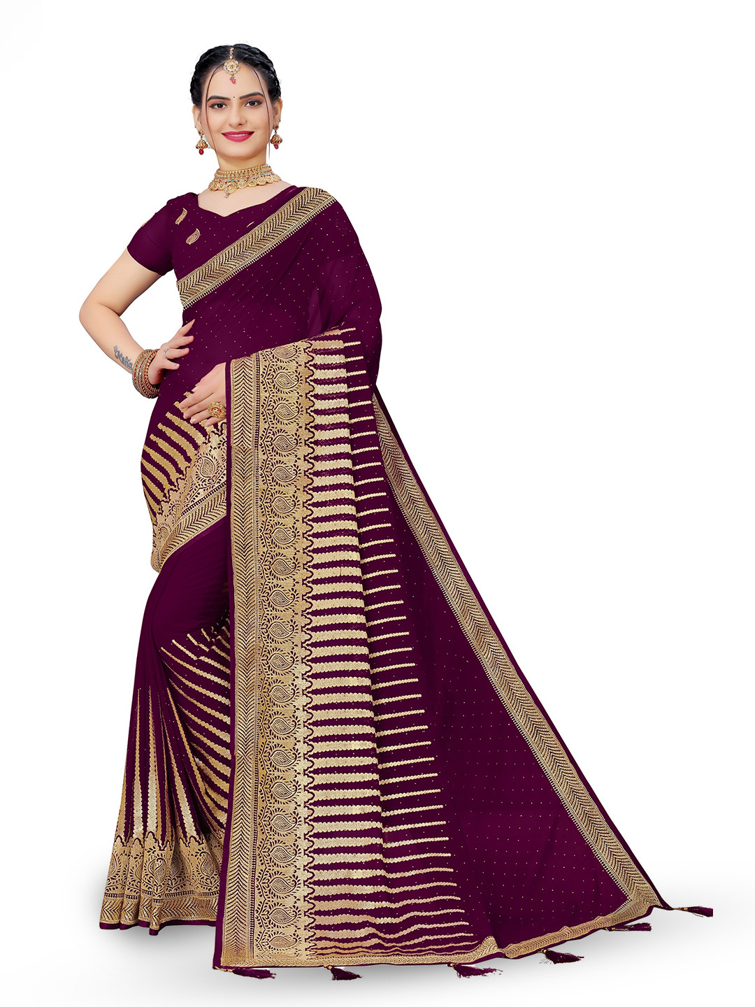 

Vaidehi Fashion Woven Design Beads and Stones Pure Georgette Saree, Purple