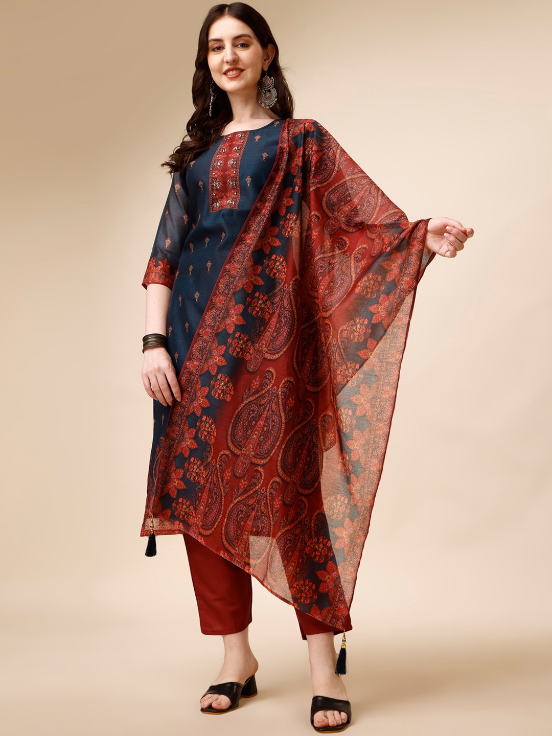 

Berrylicious Ethnic Motifs Printed Pure Chanderi Cotton Kurta & Trousers With Dupatta, Teal