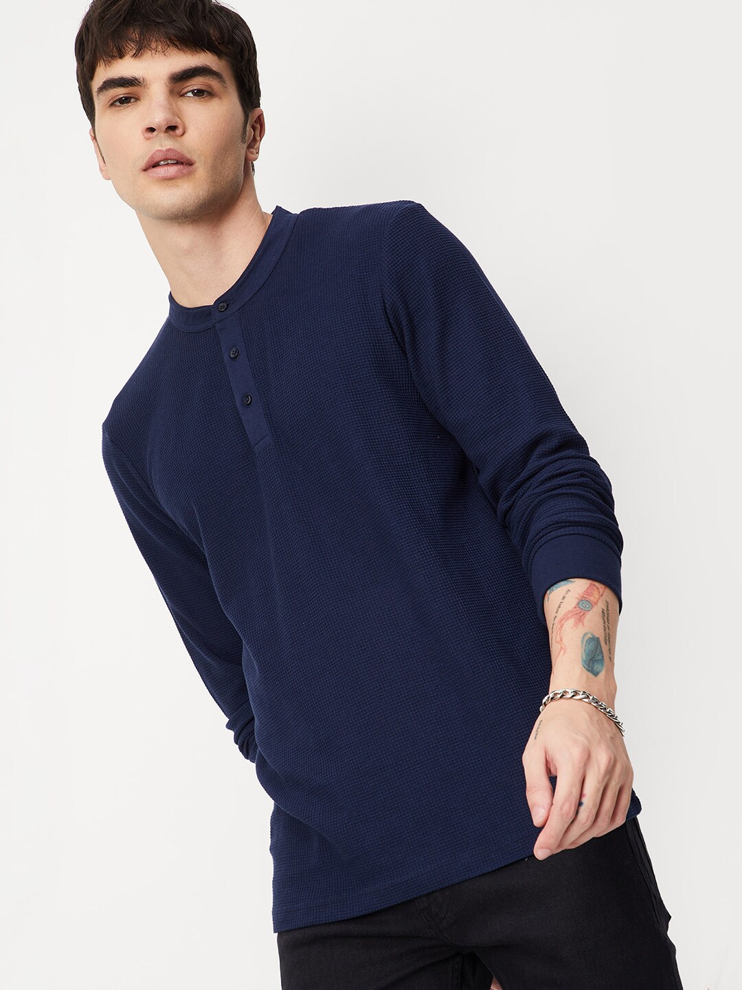 

max Henley Neck Cotton T-shirt, Blue