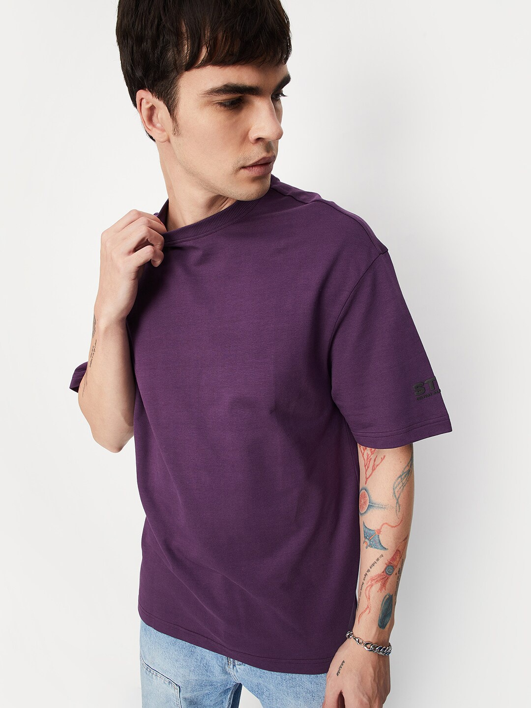 

max Drop Shoulder Sleeves Pure Cotton T-Shirt, Purple