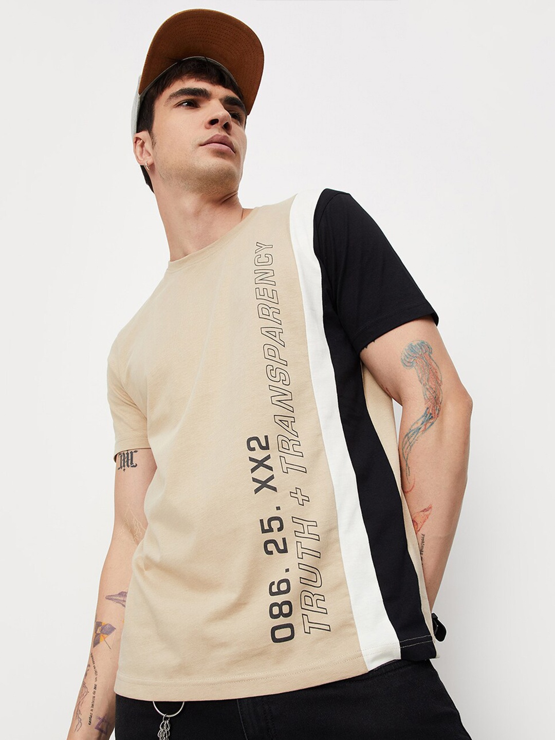 

max Typography Printed Cotton Knitted T-shirt, Beige