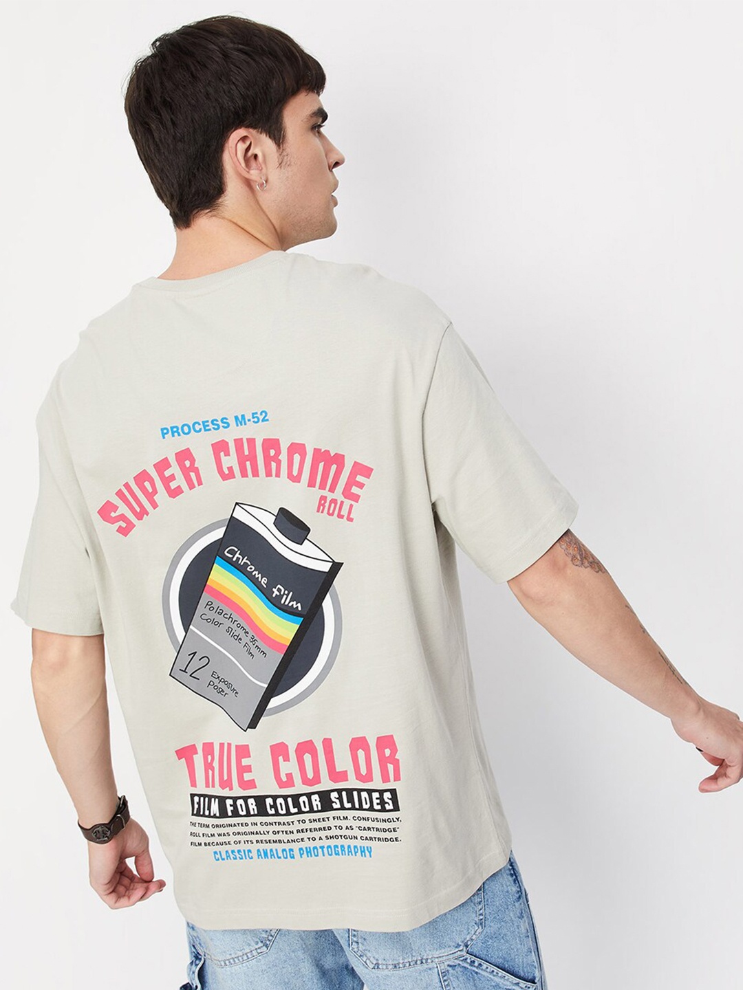 

max Typography Printed Drop-Shoulder Sleeve Pure Cotton T-shirt, Grey