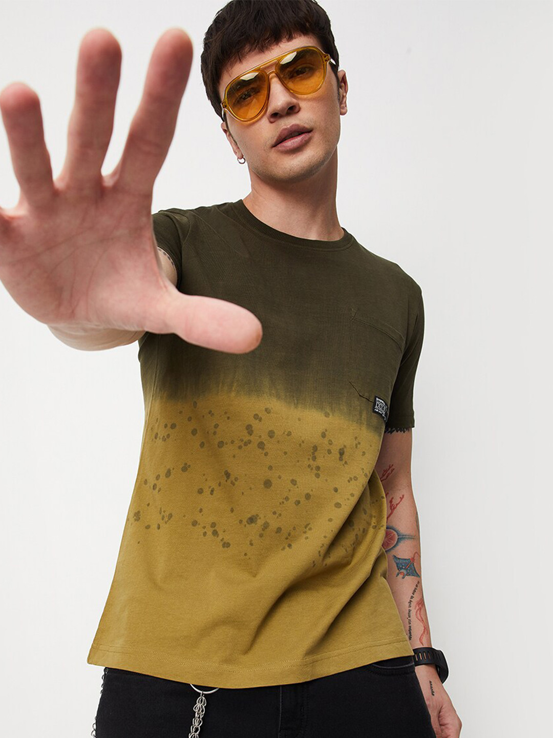 

max Round Neck Dyed Pockets T-shirt, Green