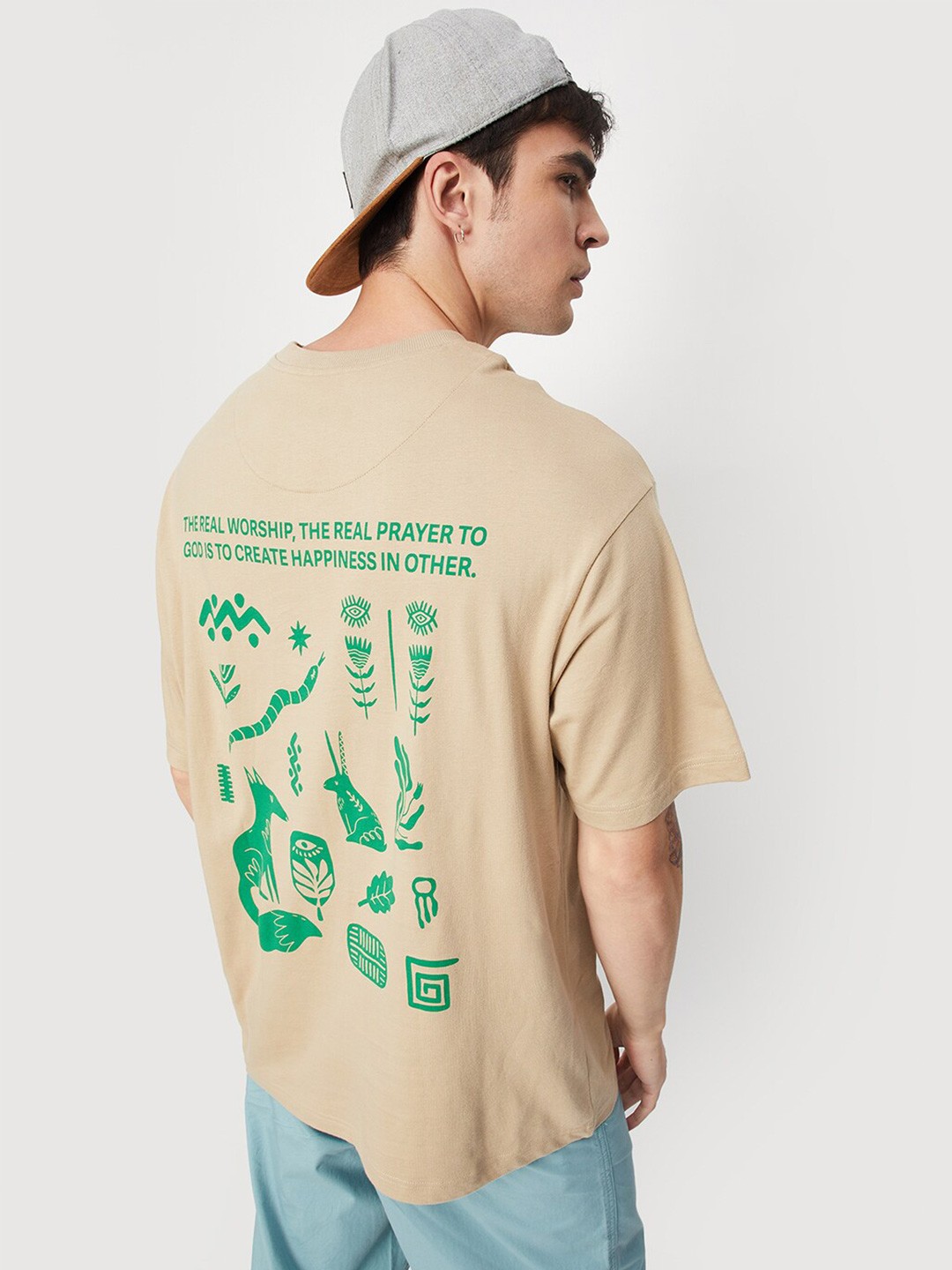 

max Typography Printed Drop-Shoulder Sleeve Pure Cotton T-shirt, Beige