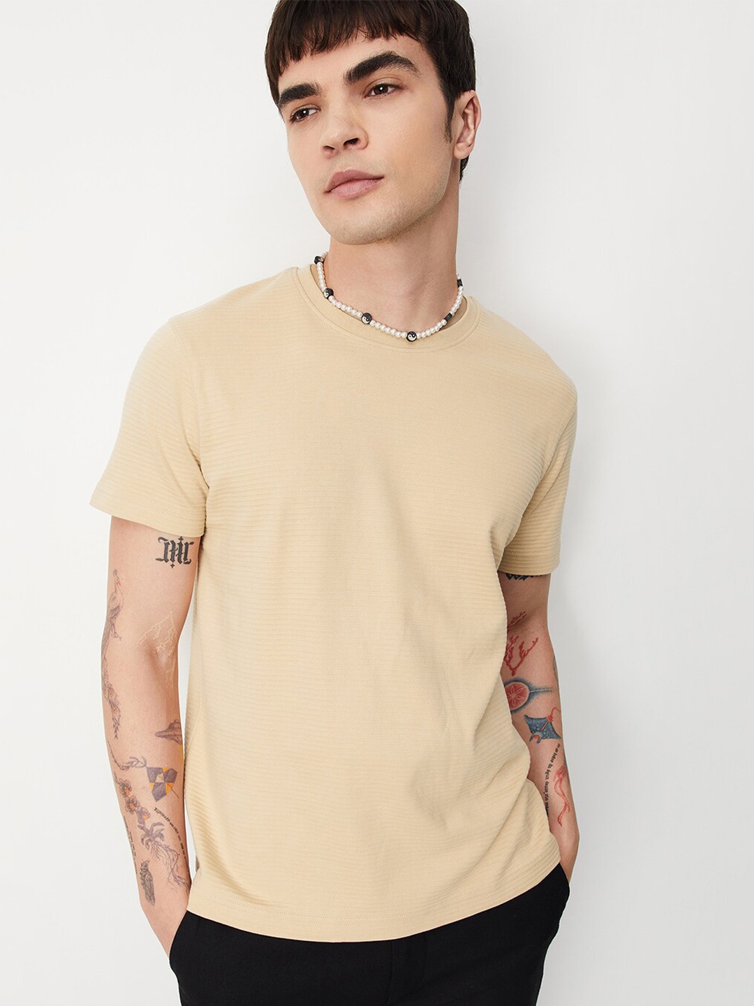 

max Pure Cotton Short Sleeves T-shirt, Beige