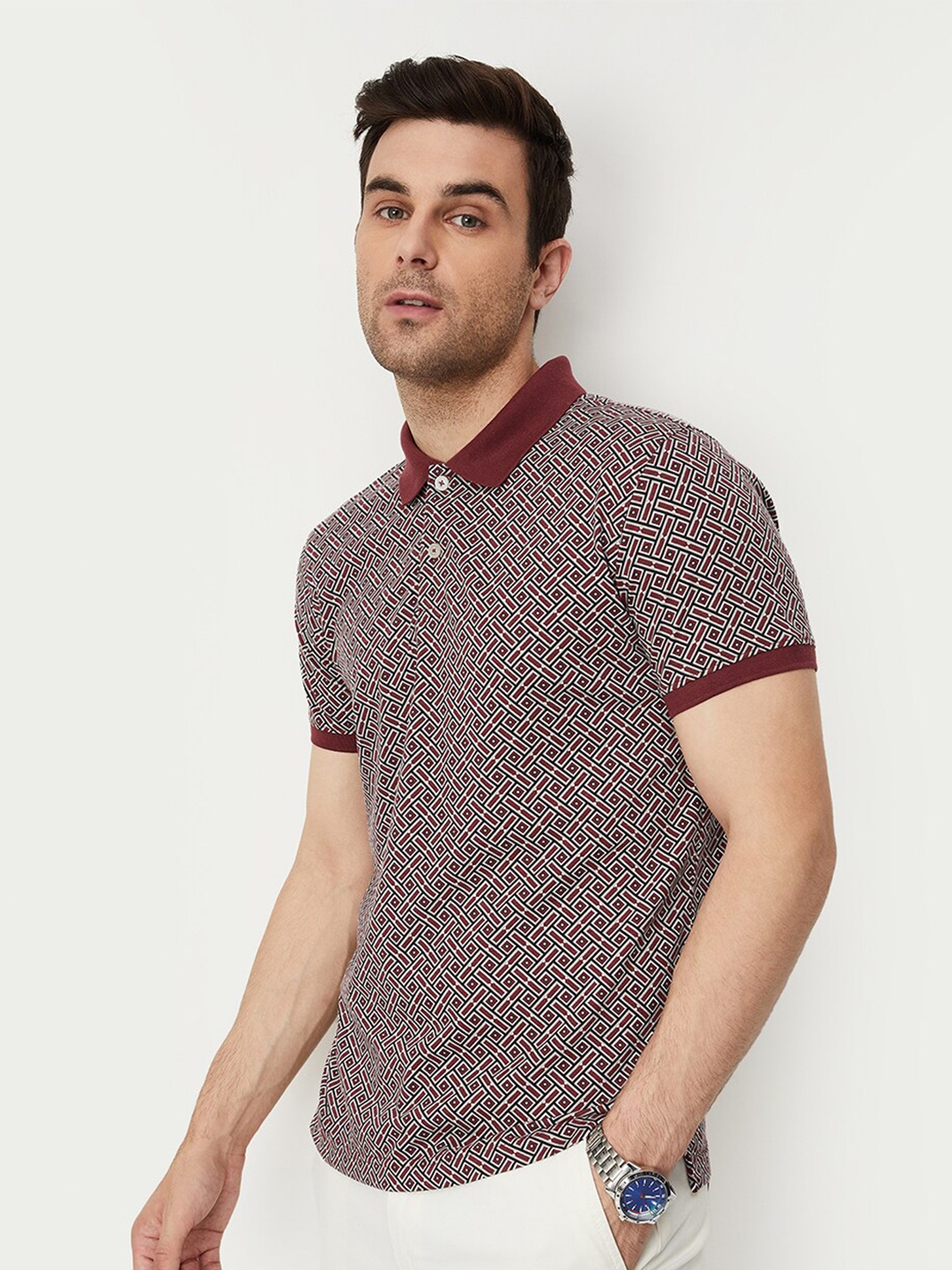 

max Geometric Printed Polo Collar T-shirt, Maroon