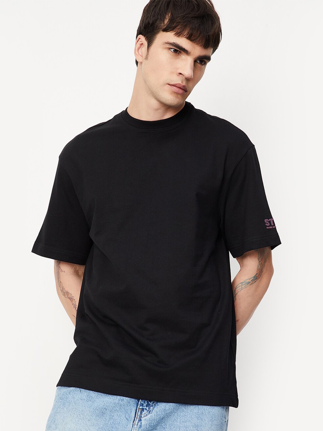 

max Round Neck Short Sleeves Pure Cotton T-shirt, Black