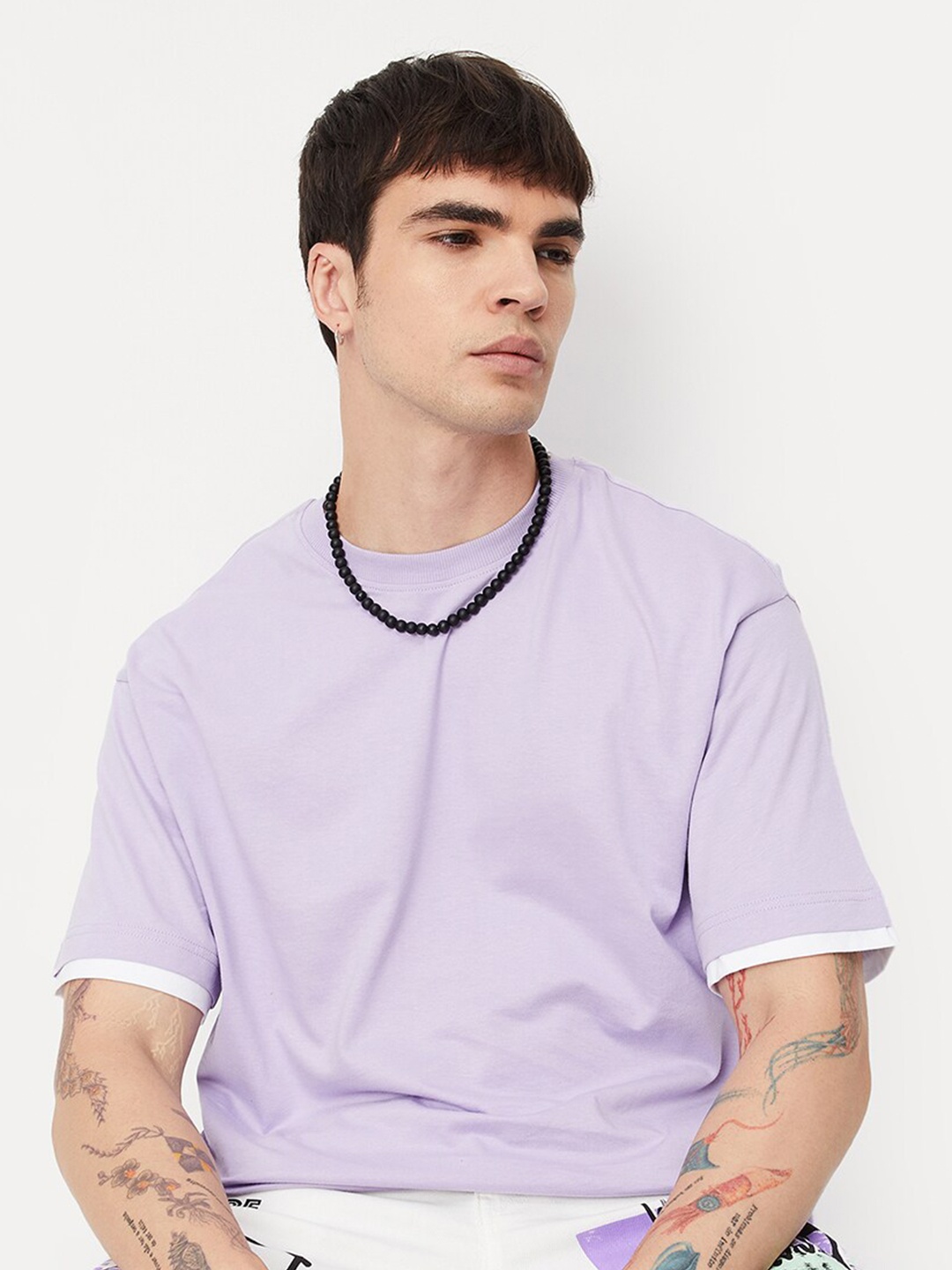 

max Round Neck Pure Cotton T-shirt, Purple