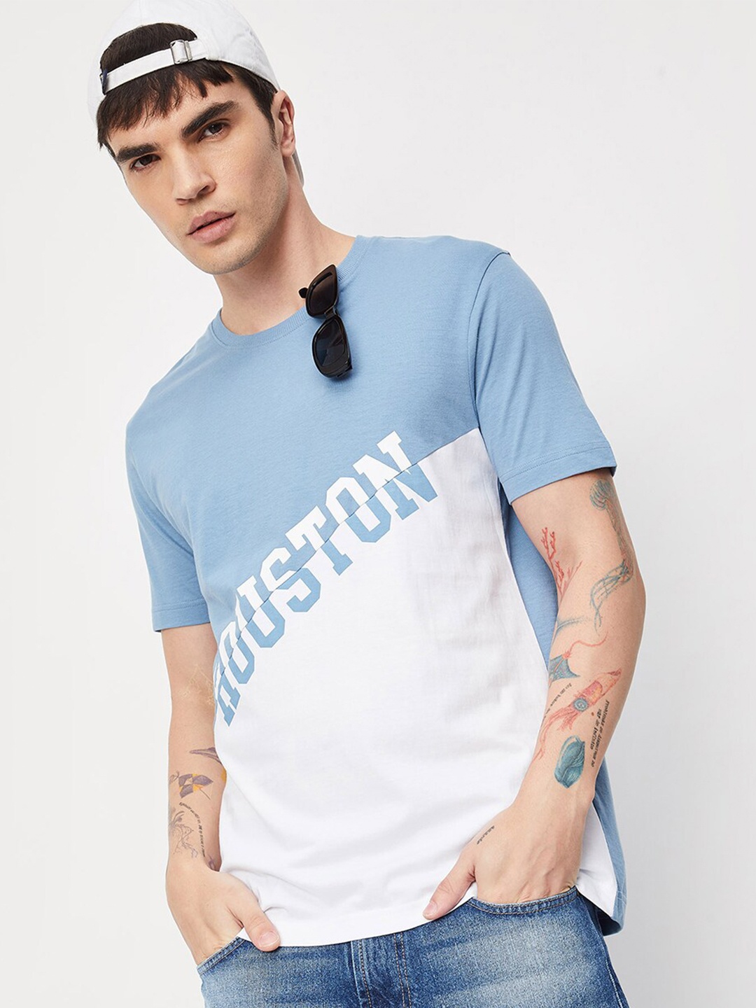 

max Colourblocked Cotton T-shirt, Blue