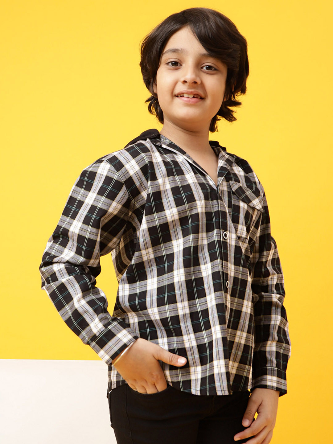 

TALES & STORIES Boys Buffalo Checked Hooded Pure Cotton Casual Shirt, Black