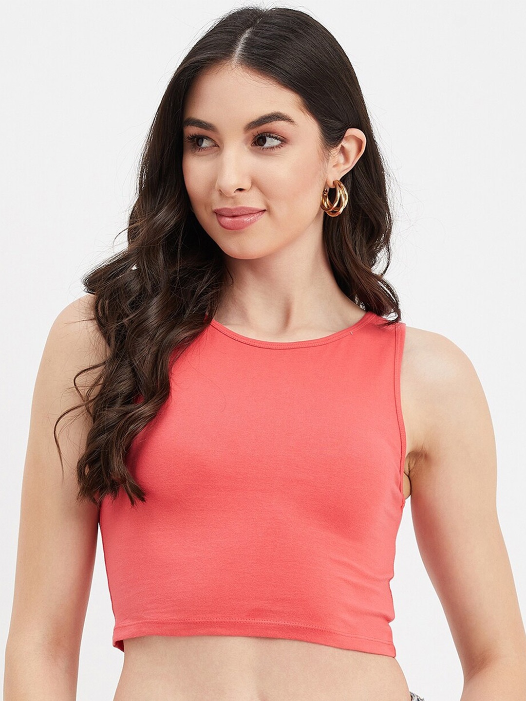 

Hypernation Sleeveless Fitted Crop Top, Coral