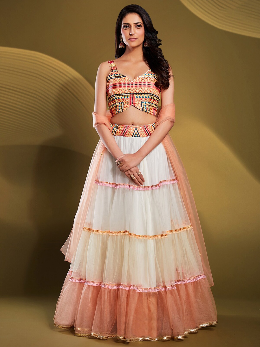 

ODETTE Embroidered Semi-Stitched Lehenga & Unstitched Blouse With Dupatta, White