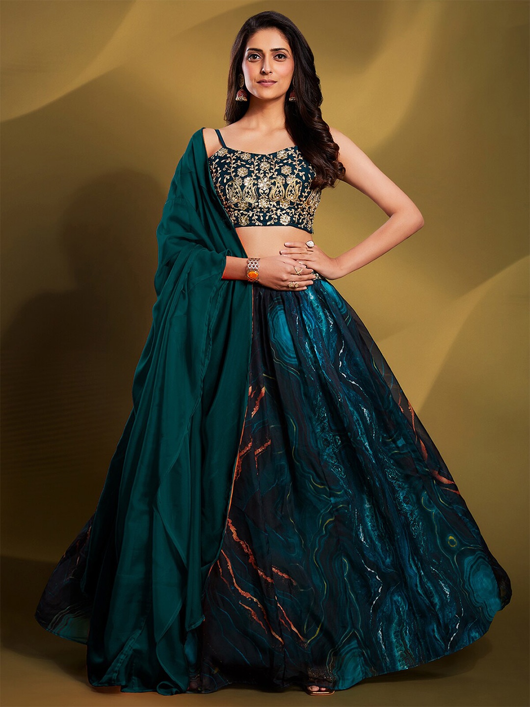 

ODETTE Embellished Semi-Stitched Lehenga & Unstitched Blouse With Dupatta, Teal
