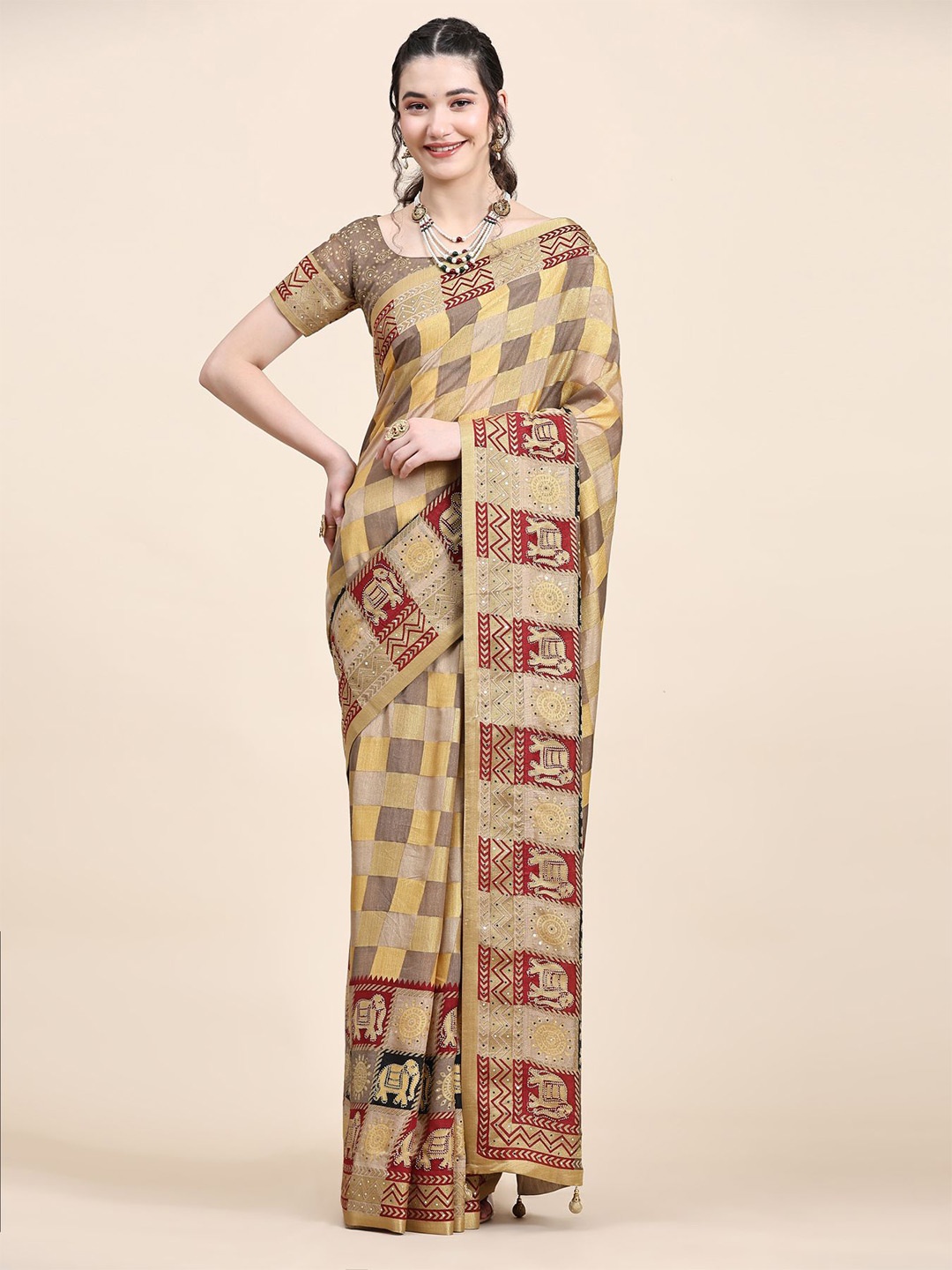 

Phenav Geometric Printed Art Silk Patola Saree, Brown