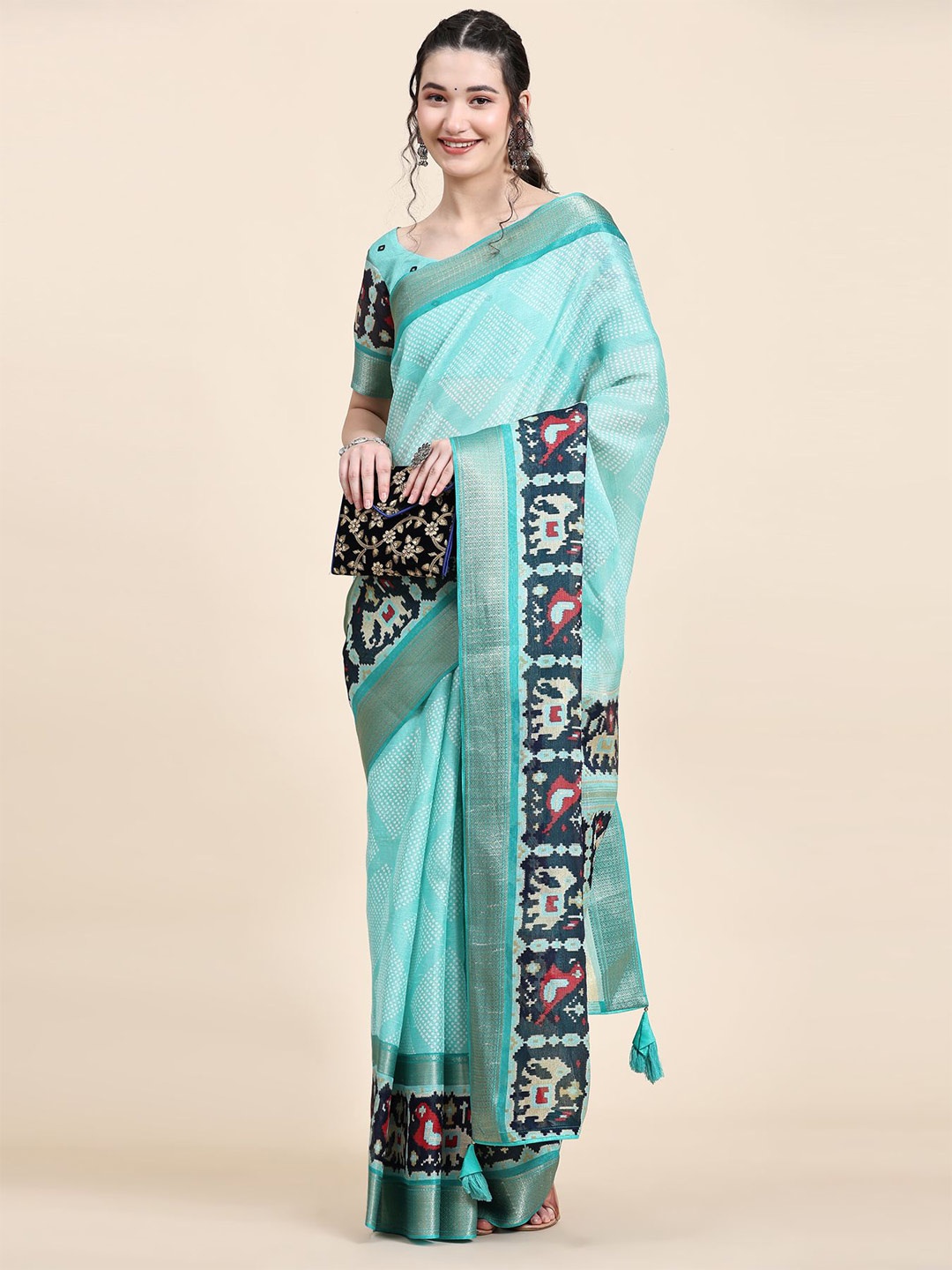 

Phenav Ethnic Motifs Printed Zari Patola Saree, Blue