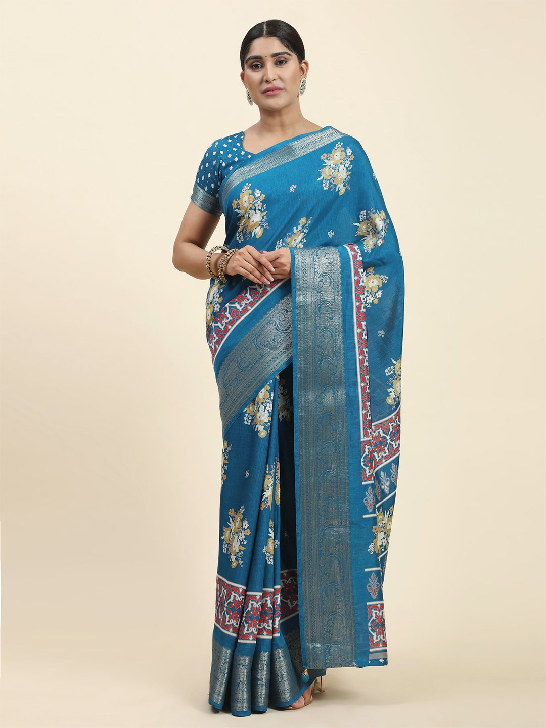 

Phenav Floral Printed Zari Art Silk Patola Saree, Blue