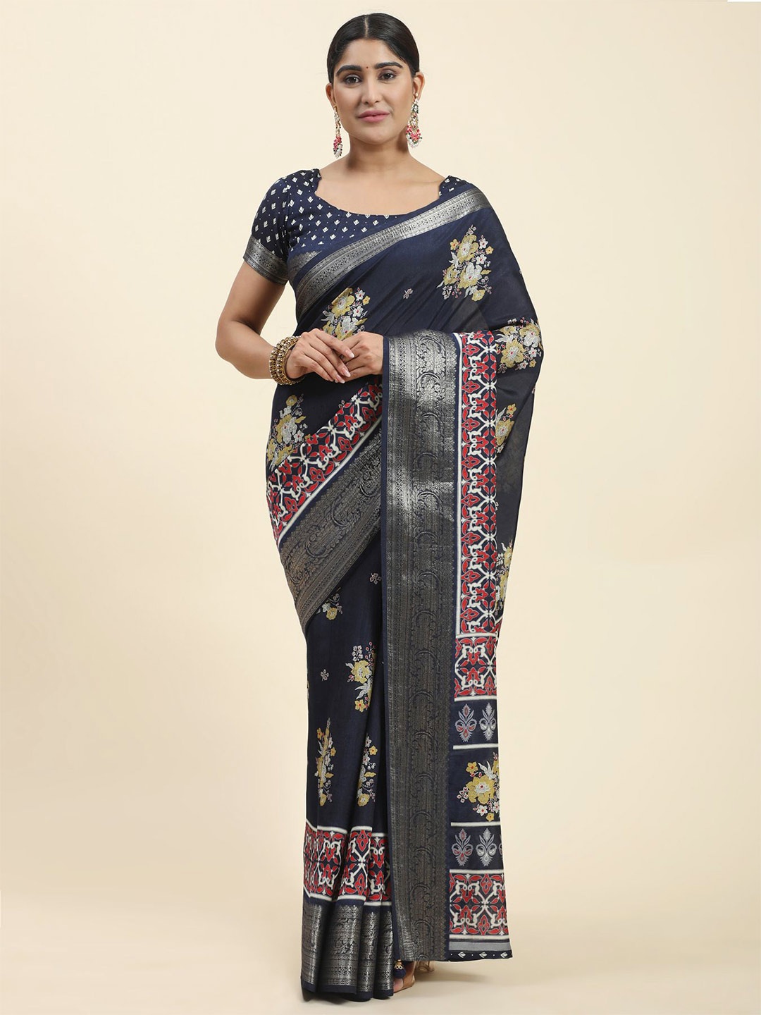 

Phenav Floral Printed Zari Art Silk Patola Saree, Navy blue