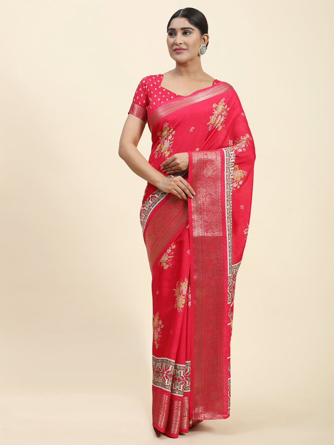 

Phenav Floral Printed Zari Art Silk Patola Saree, Pink