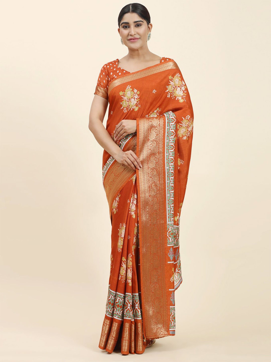 

Phenav Floral Printed Zari Art Silk Patola Saree, Mustard