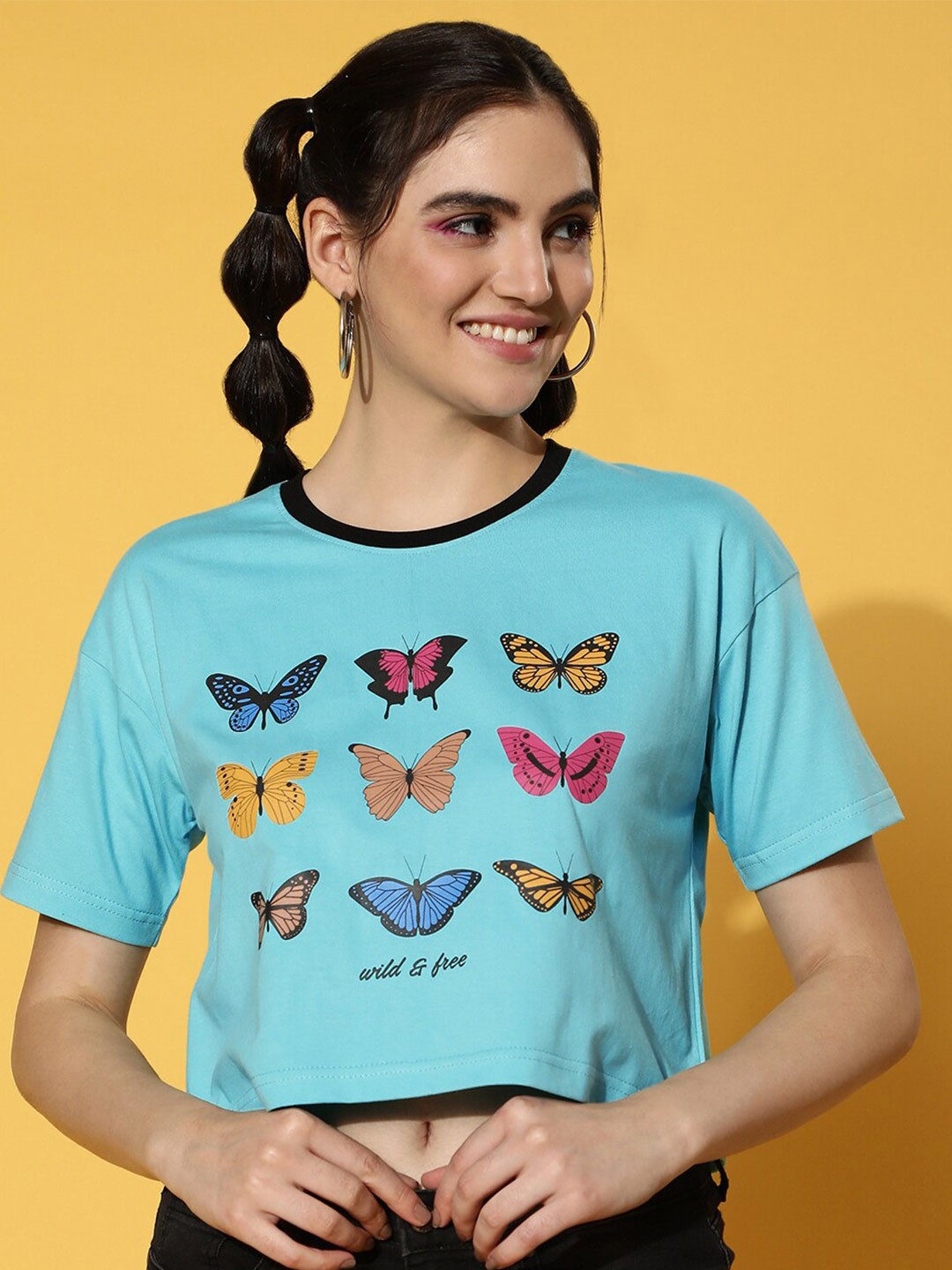 

JUNEBERRY Conversational Printed Drop-Shoulder Sleeves Cotton Crop T-shirt, Blue