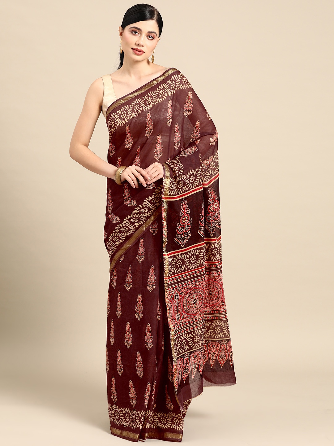 

Libas Ethnic Motifs Printed Pure Cotton Saree, Brown