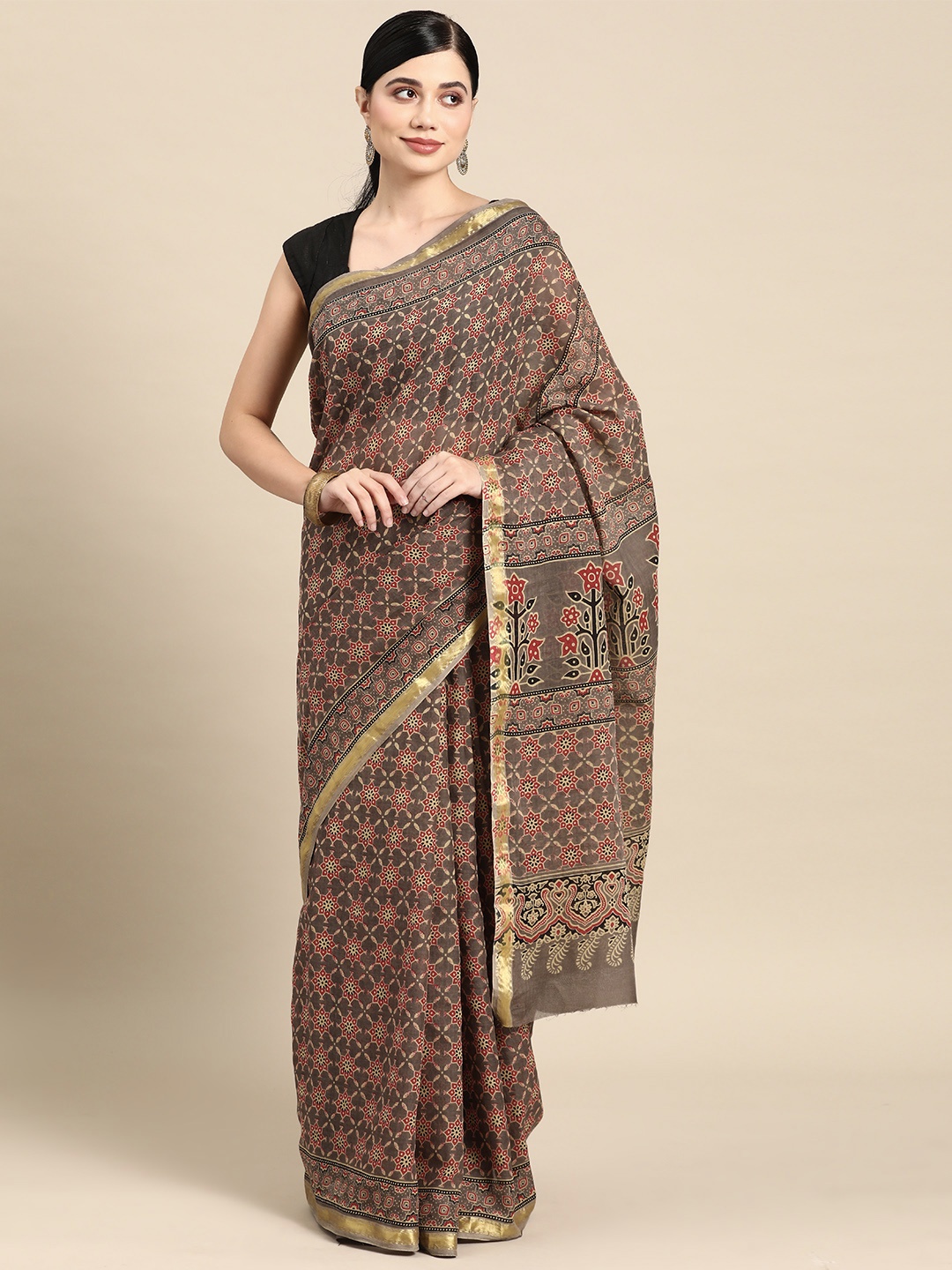 

Libas Ethnic Motifs Printed Pure Cotton Saree, Taupe