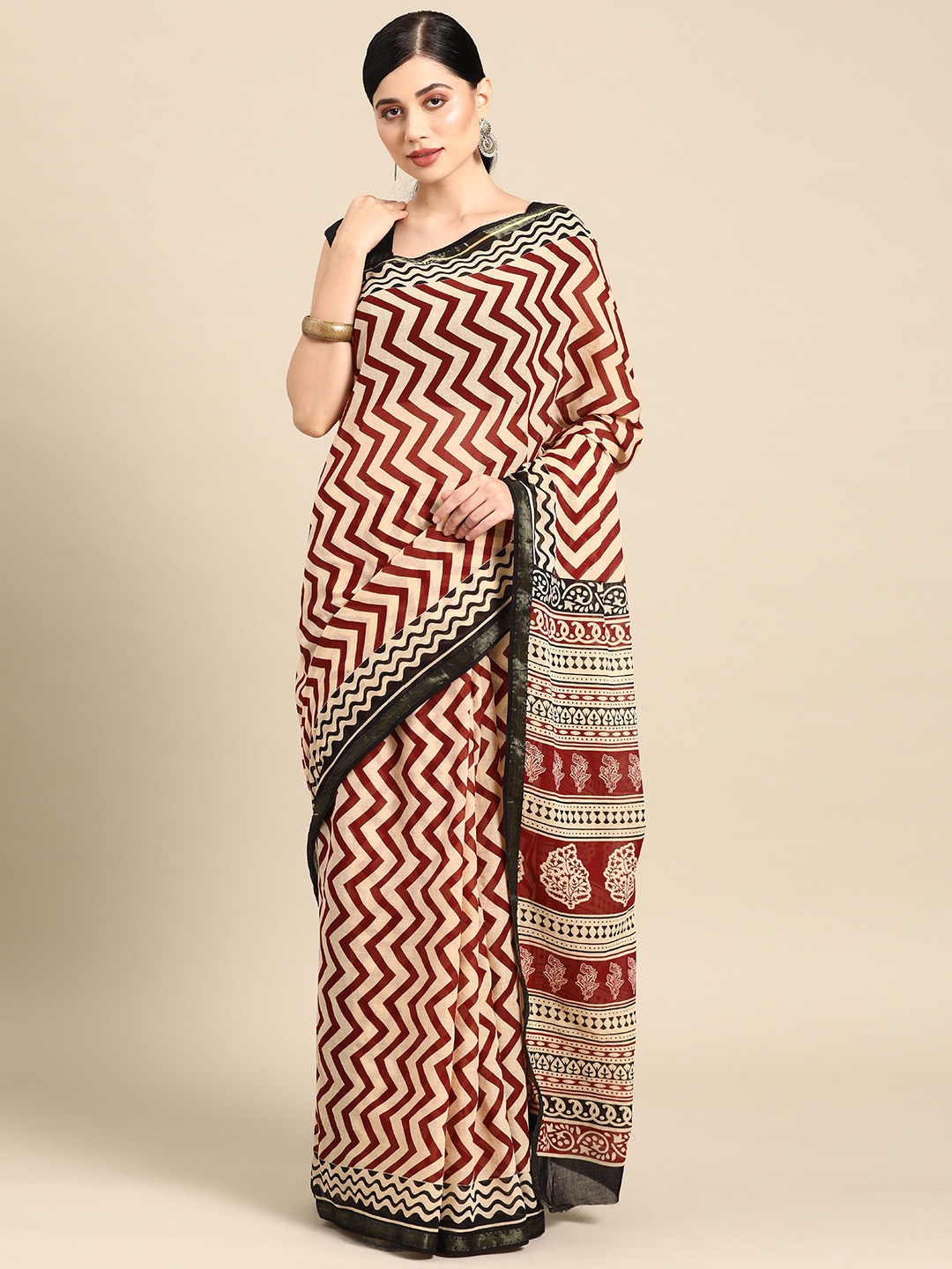 

Libas Geometric Print Pure Cotton Saree, Beige
