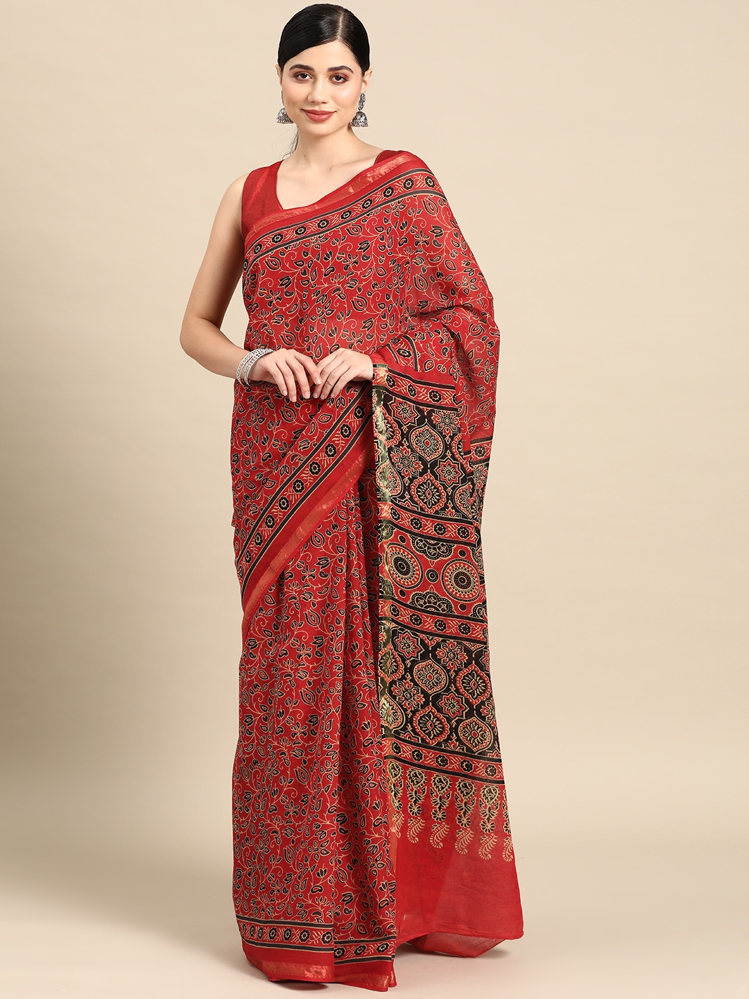 

Libas Floral Pure Cotton Saree, Red