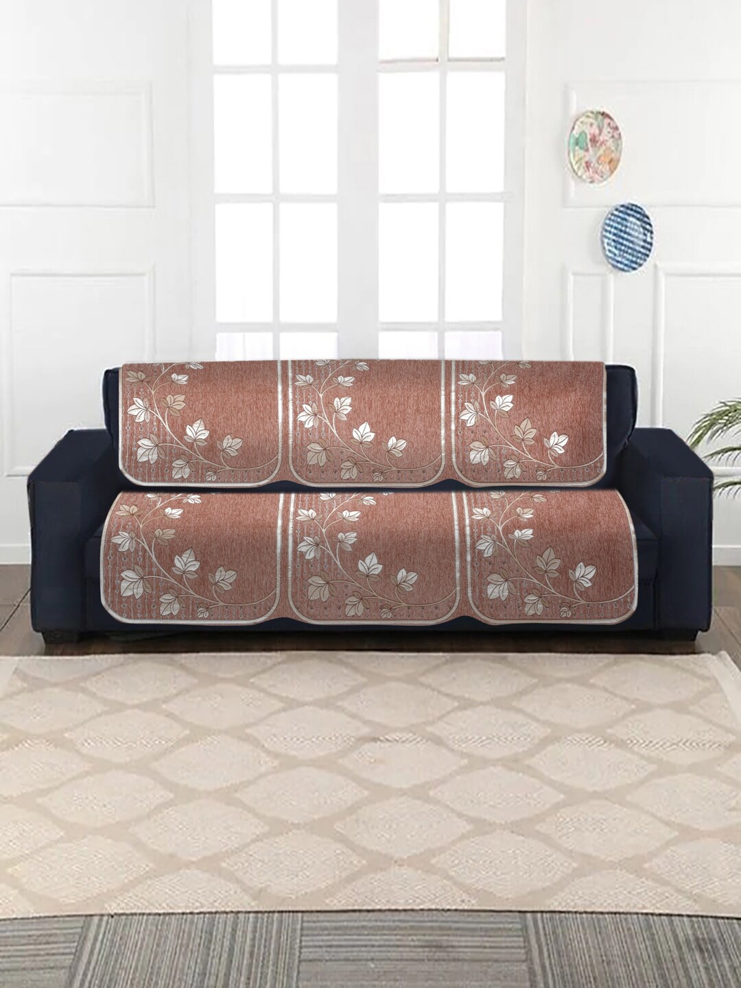 

MULTITEX Gold-Coloured Printed 5-Seater Sofa Cover With 5-Pcs Cushions & One Table Cover