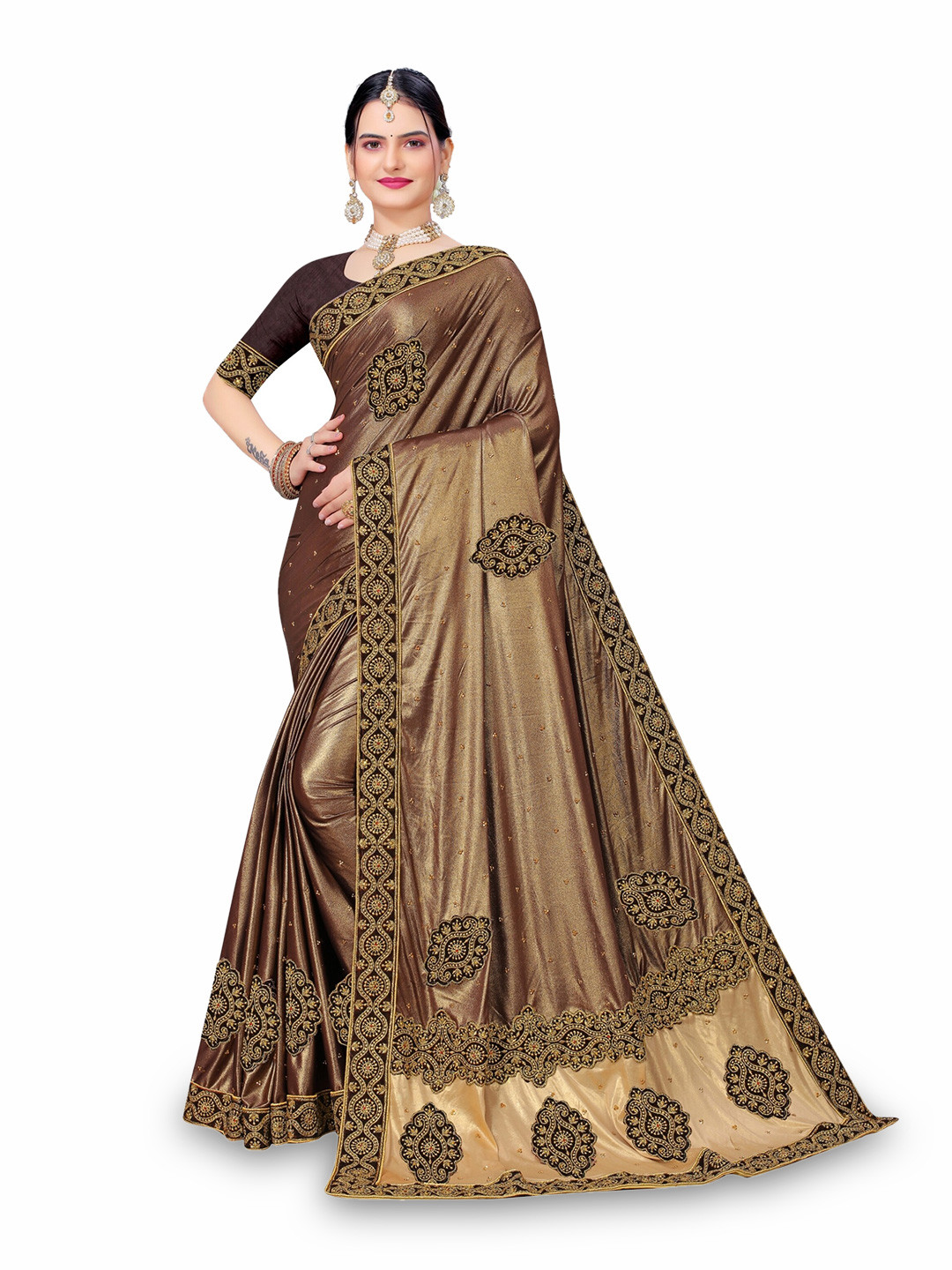 

Vaidehi Fashion Ethnic Motifs Embroidered Beads And Stones Silk Blend Saree, Brown