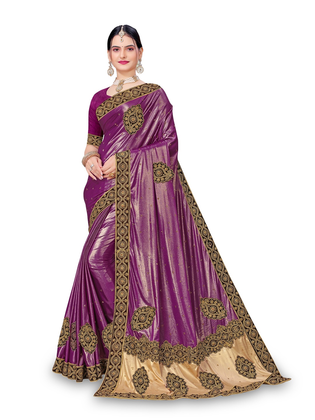

Vaidehi Fashion Ethnic Motifs Embroidered Beads And Stones Silk Blend Saree, Purple