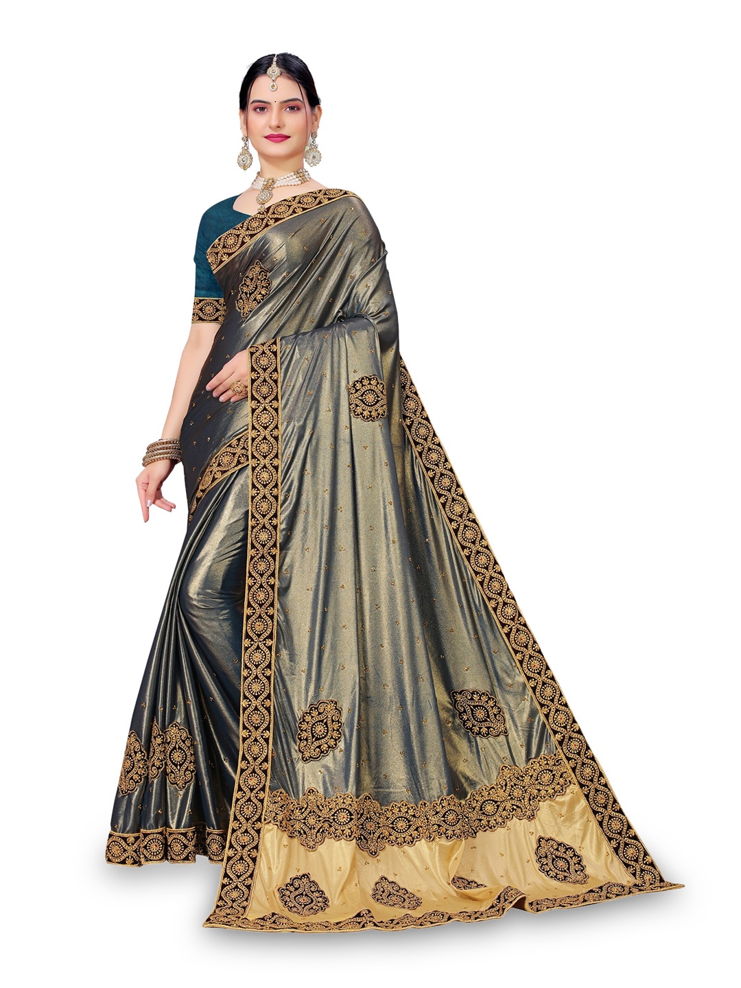

Vaidehi Fashion Ethnic Motifs Embroidered Beads And Stones Silk Blend Saree, Green