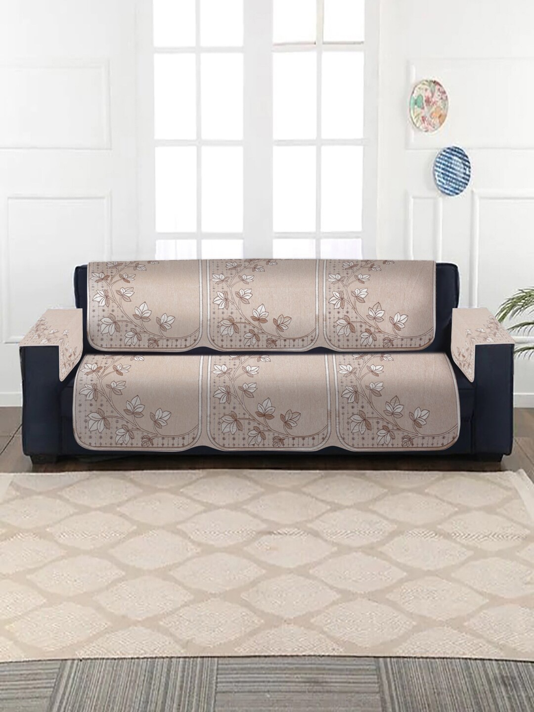 

MULTITEX Beige Printed 5-Seater Sofa Cover With 5-Pcs Cushions & One Table Cover