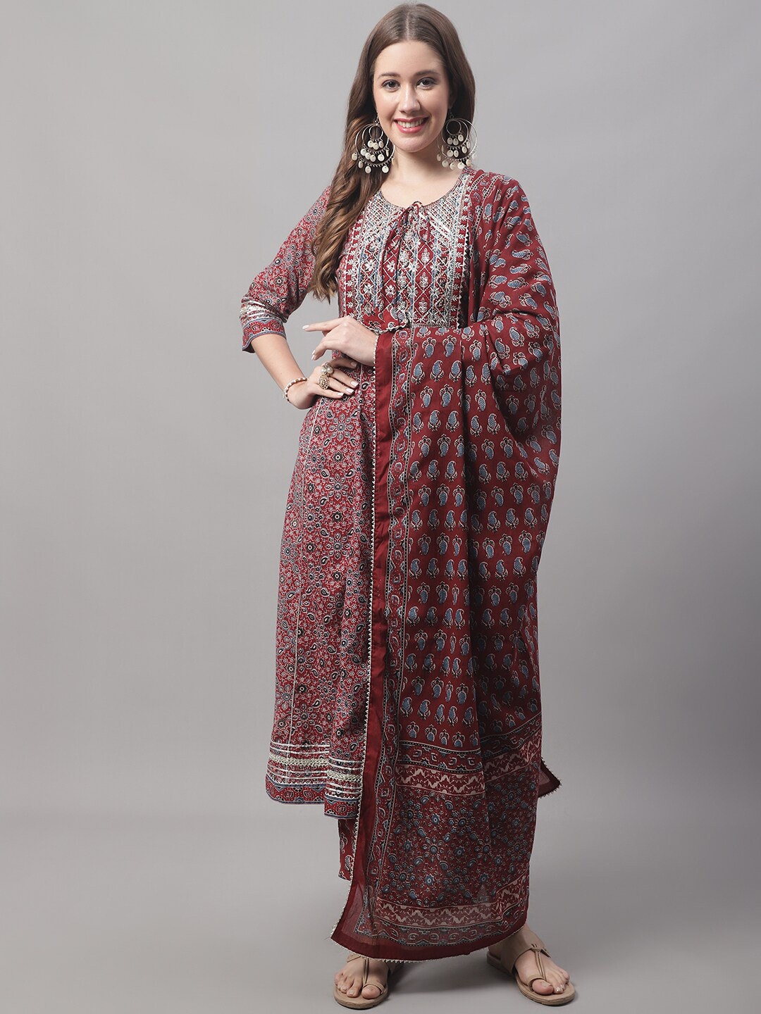 

KALINI Ethnic Motifs Printed Cotton Kurta with Trousers & With Dupatta, Maroon