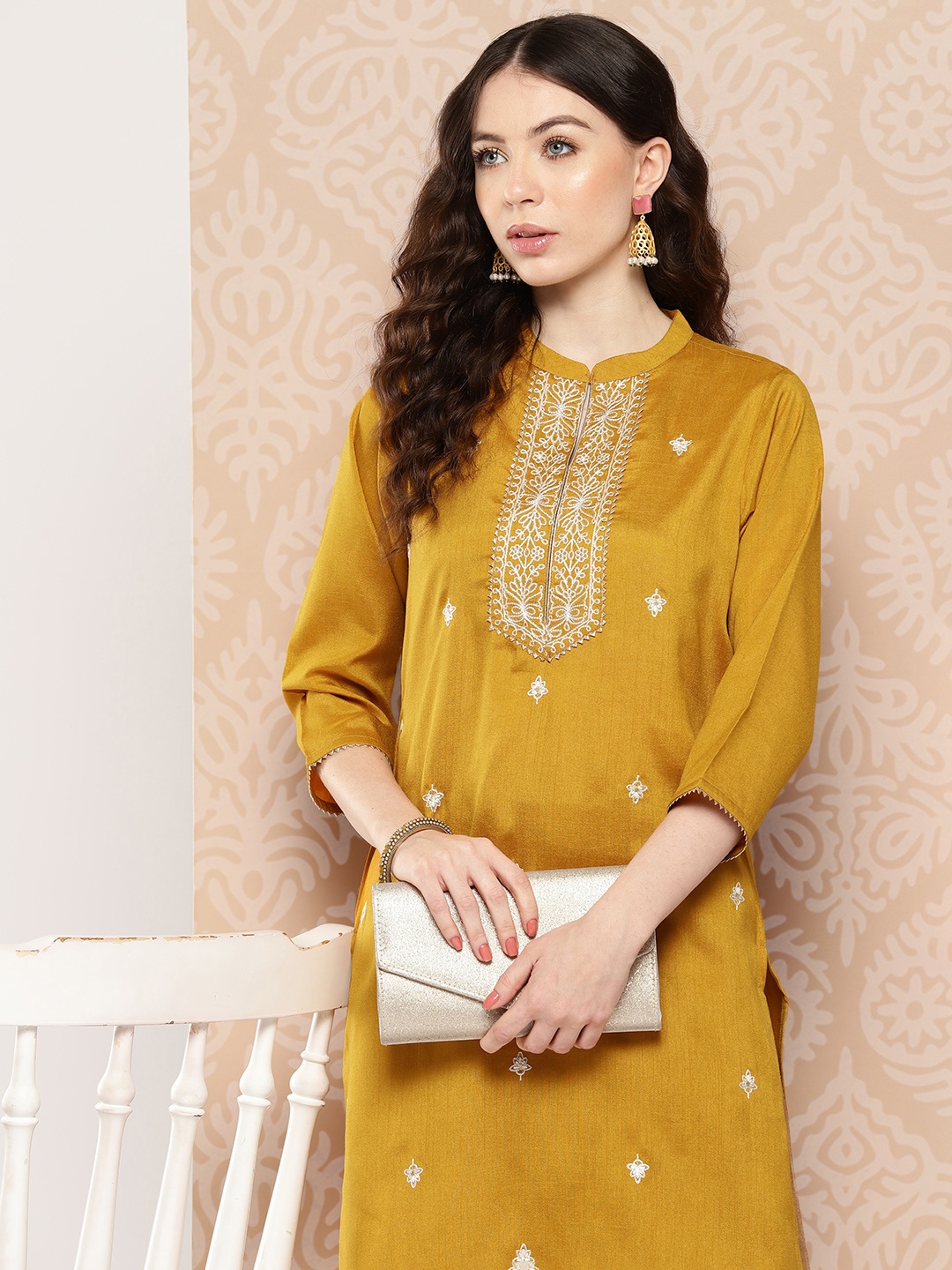 

Janasya Women Ethnic Motifs Embroidered Thread Work Kurta, Mustard