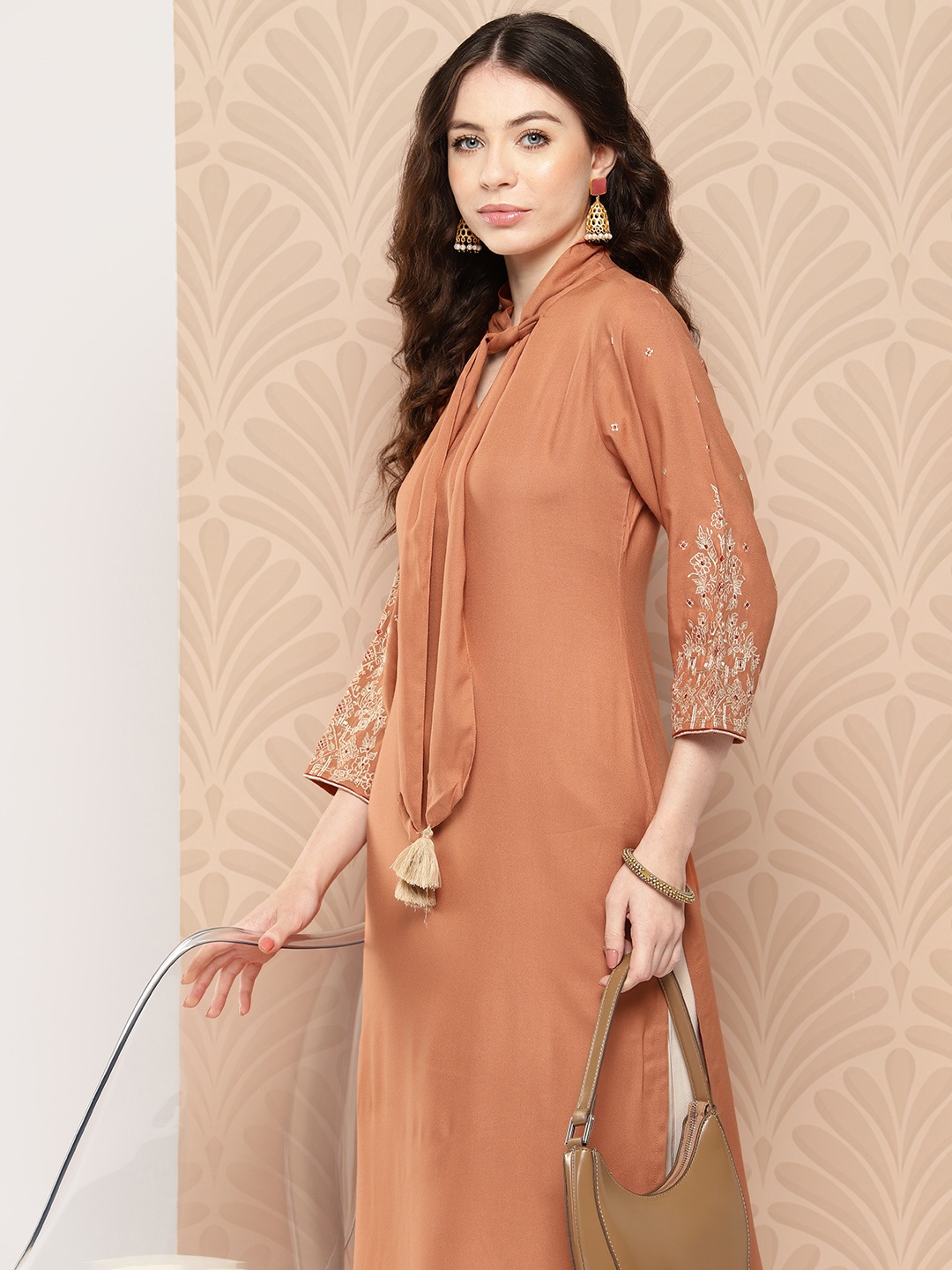 

Janasya Women's Peach Rayon Solid Straight Kurta, Brown