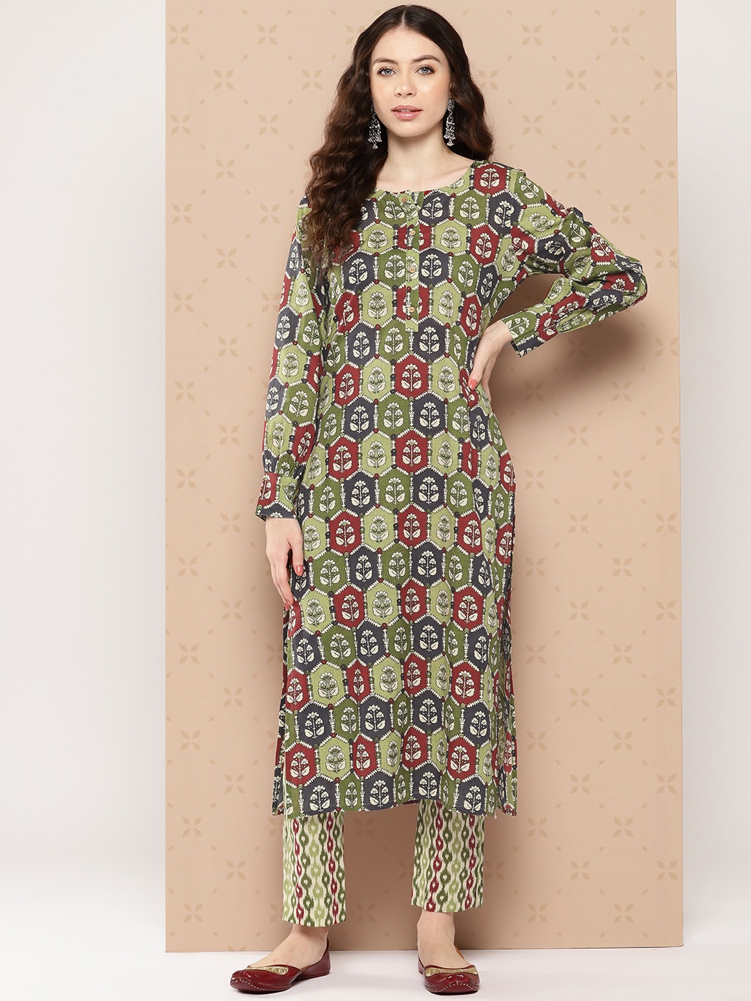 

Janasya Women Floral Printed Regular Pure Cotton Kurta with Trousers, Green