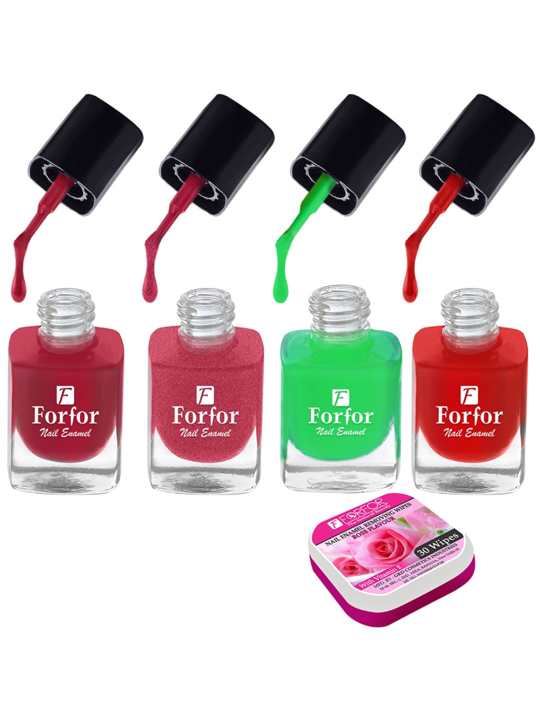 

FORFOR Set of 4 Perfect Stay Trendy Nail Polish with Nail Enamel Removing Wipes, Red