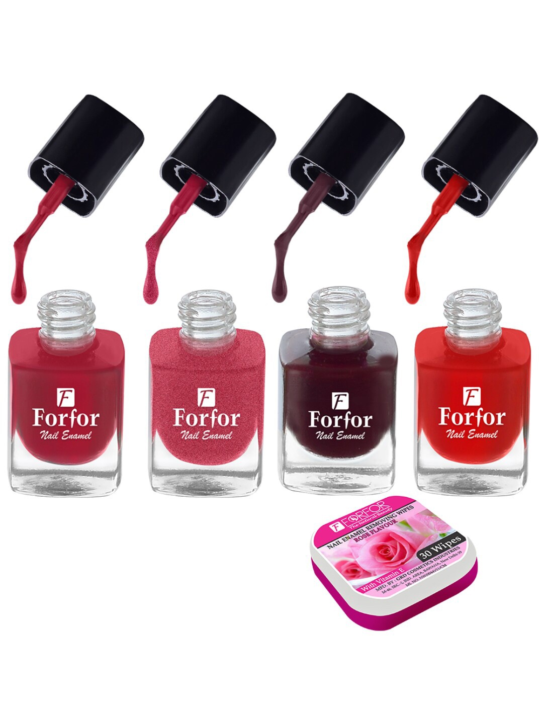 

FORFOR Set of 4 Perfect Stay Fast Dry Glossy Nail Enamel - 5ml each & 30 Removal Wipes, Multi