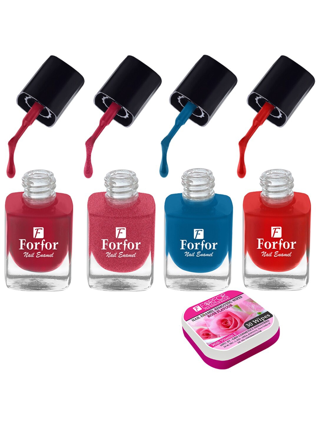 

FORFOR Set of 4 Perfect Stay Fast Dry Glossy Nail Enamel - 5ml each & 30 Removal Wipes, Multi