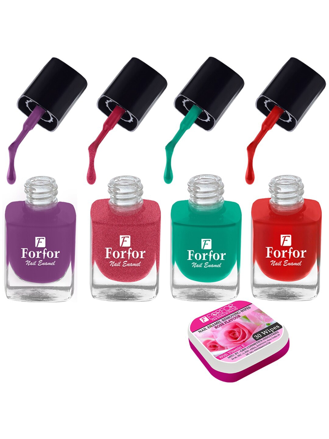 

FORFOR Set of 4 Perfect Stay Fast Dry Glossy Nail Enamel - 5ml each & 30 Removal Wipes, Multi