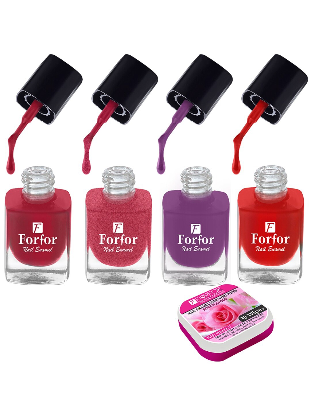 

FORFOR Set of 4 Perfect Stay Fast Dry Glossy Nail Enamel - 5ml each & 30 Removal Wipes, Multi