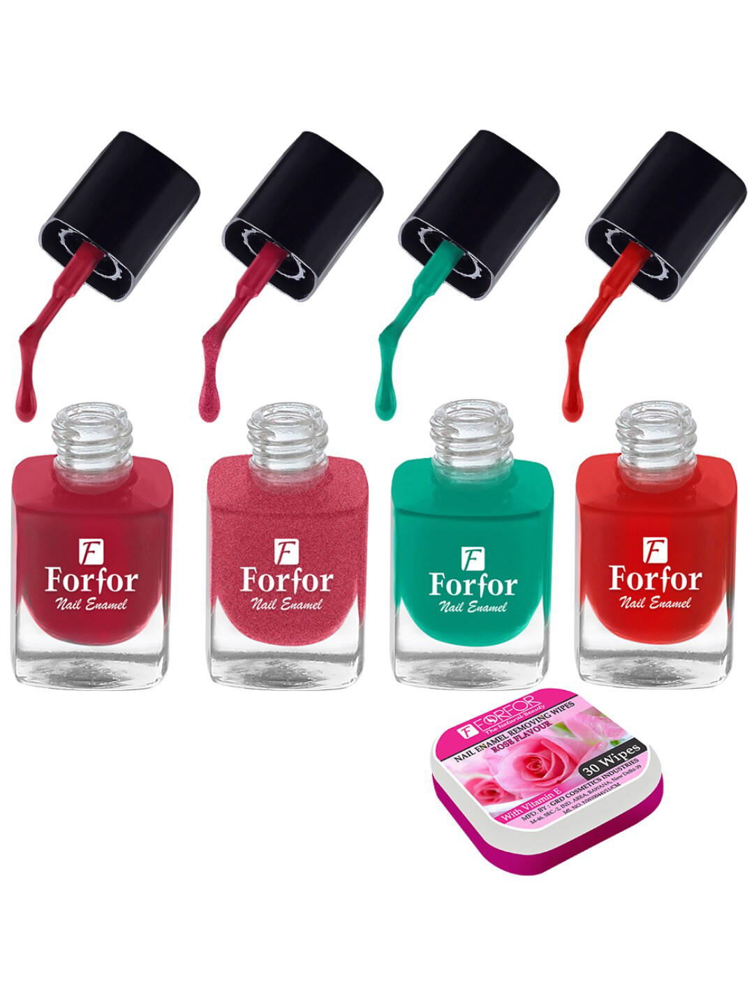 

FORFOR Set of 4 Perfect Stay Fast Dry Glossy Nail Enamel - 5ml each & 30 Removal Wipes, Multi