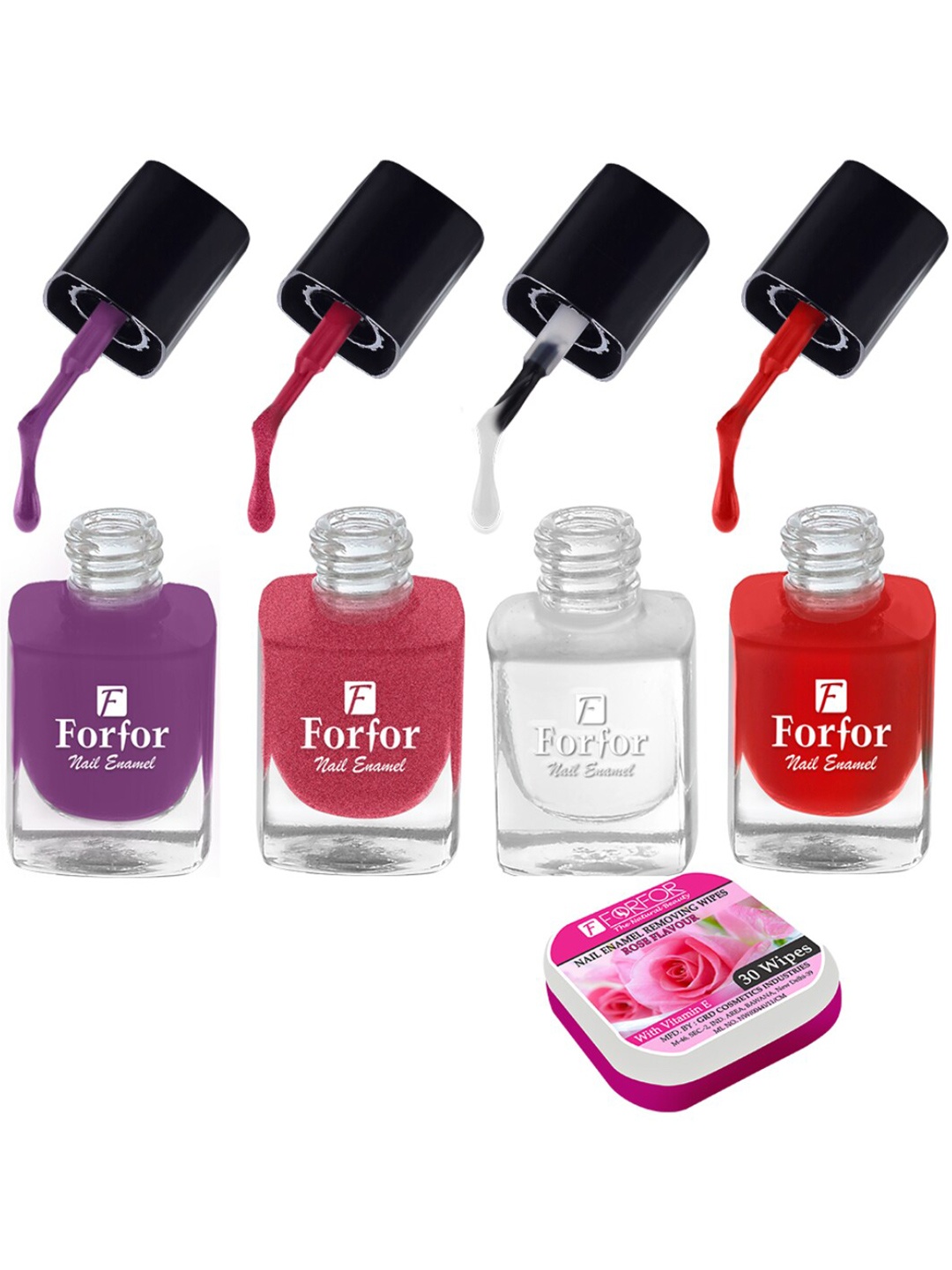 

FORFOR Set of 4 Perfect Stay Fast Dry Glossy Nail Enamel - 5ml each & 30 Removal Wipes, Multi