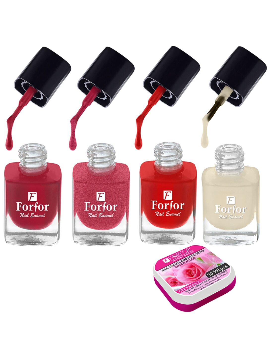 

FORFOR Set of 4 Perfect Stay Fast Dry Glossy Nail Enamel - 5ml each & 30 Removal Wipes, Multi