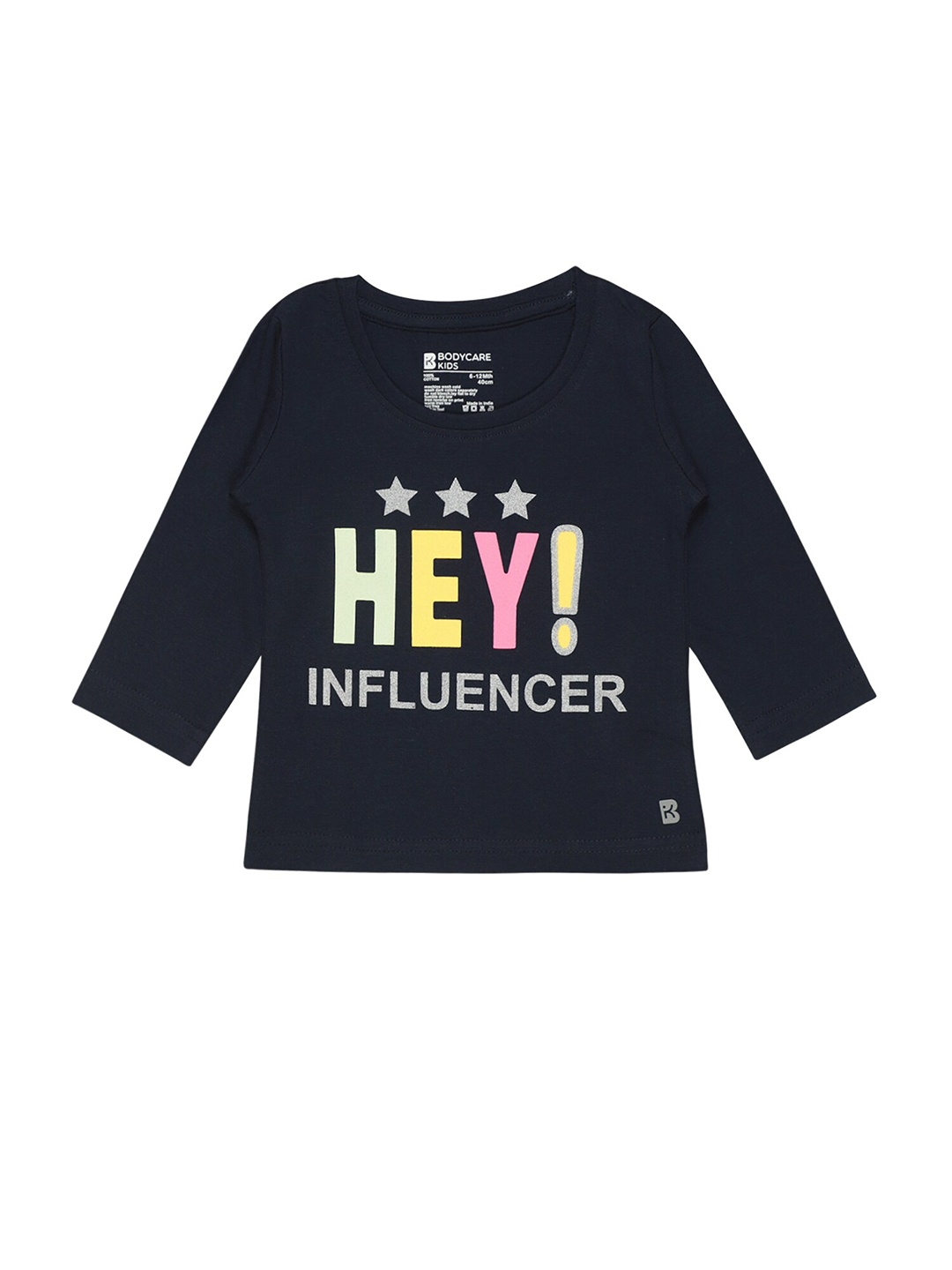 Bodycare Girls Typography Printed Cotton T-shirt, Navy blue