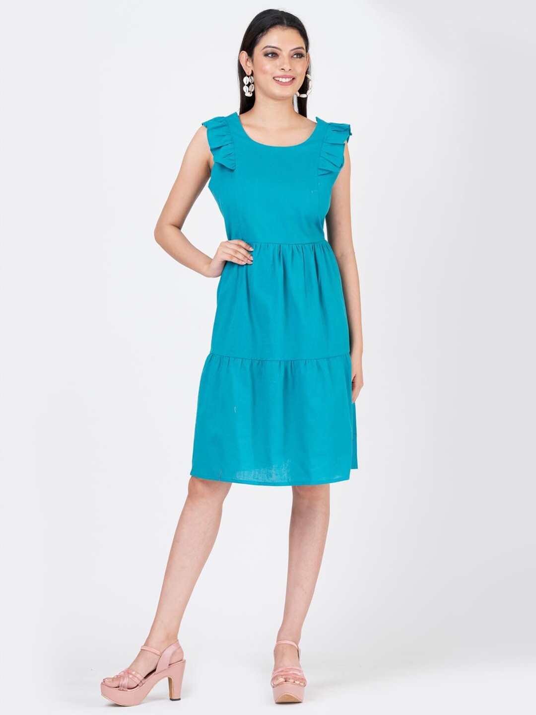 

S&F Flutter Sleeve Ruffled Linen A-Line Tiered Dress, Blue