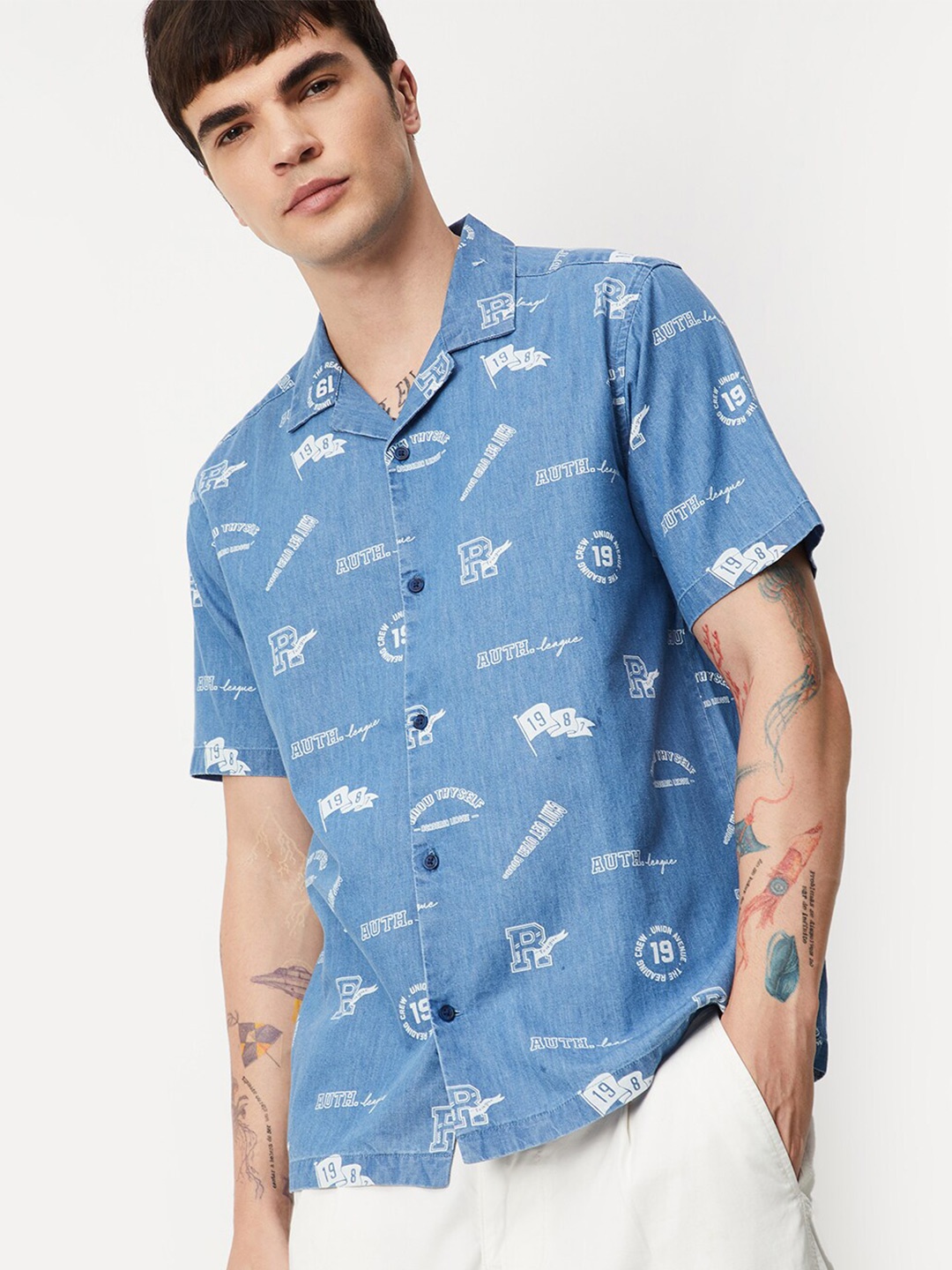 

max Typography Printed Cuban Collar Pure Cotton Casual Shirt, Blue